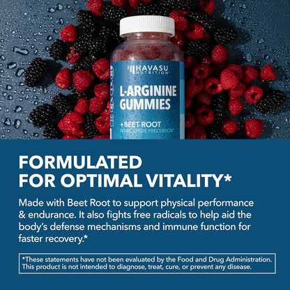 L-Arginine with L-Citrulline and Beet Root Gummies, Sour Berry, 30 Servings | Vegan, Non-GMO Nitric Oxide Supplement for Energy, Endurance, and Recovery Support, Energizing Sour Berry Flavor