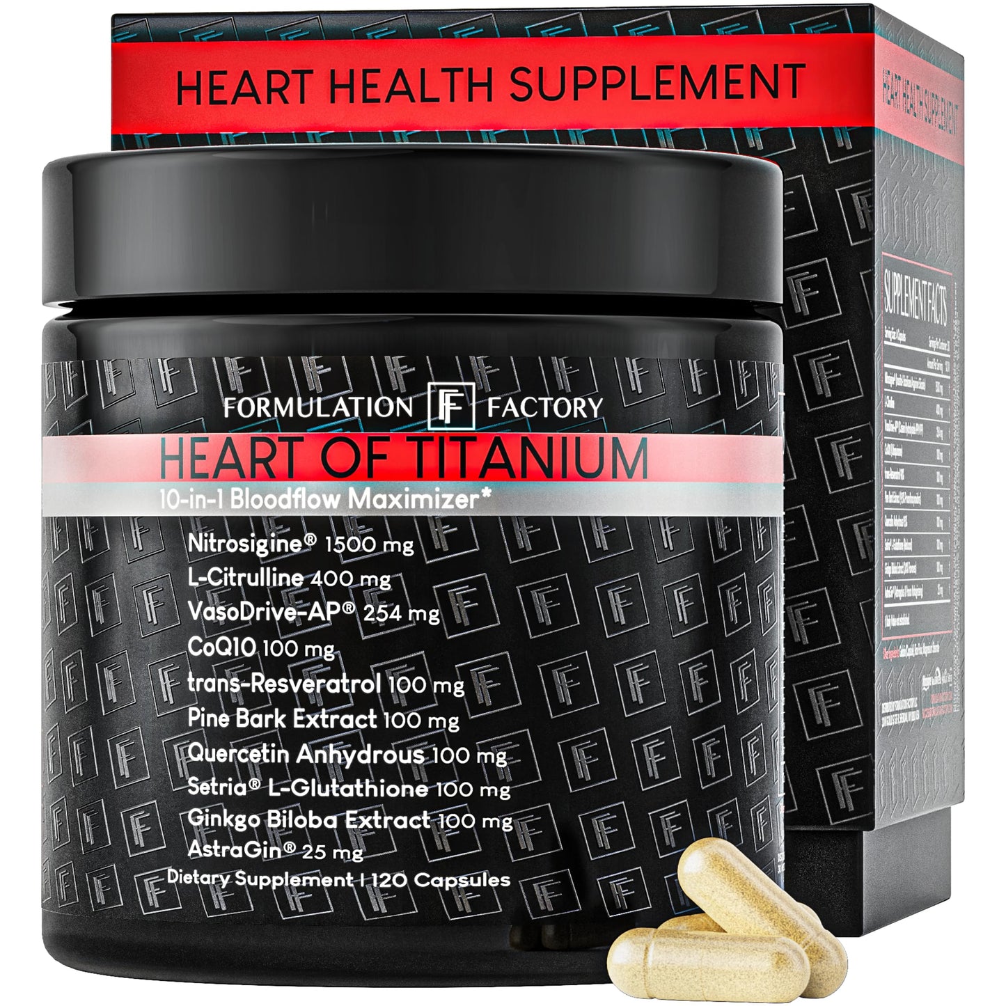 Formulation Factory Heart of Steel Nitric Oxide Supplements for Men & Women, Nitric Oxide Booster for Blood Flow & Circulation with L-Citrulline 1000mg, L-Arginine, CoQ10 & Resveratrol - 120 Capsules