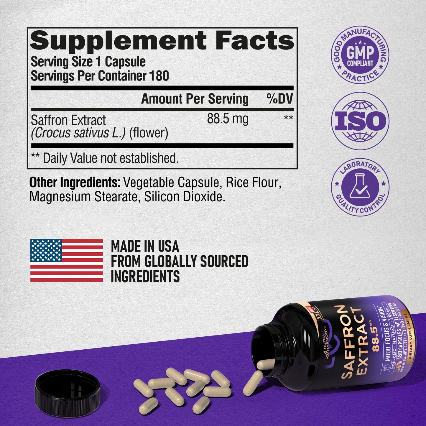 Natural Saffron Supplements - Pure Saffron Extract 88.5 mg - Mood | Focus | Vision | Energy Support - Eye Health for Women & Men - Lab Tested - NonGMO Vegan Pills - 90 Powder Capsules, 3 Month Supply