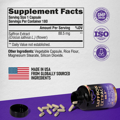 Natural Saffron Supplements - Pure Saffron Extract 88.5 mg - Mood | Focus | Vision | Energy Support - Eye Health for Women & Men - Lab Tested - NonGMO Vegan Pills - 90 Powder Capsules, 3 Month Supply