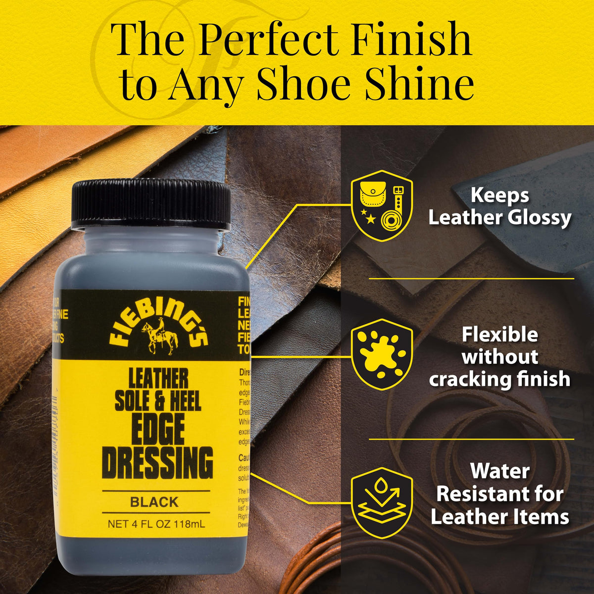 Fiebing's Leather Sole & Heel Edge Dressing (4 oz) - High Gloss, Protective Shoe Dressing Polish - Includes Brush Applicator