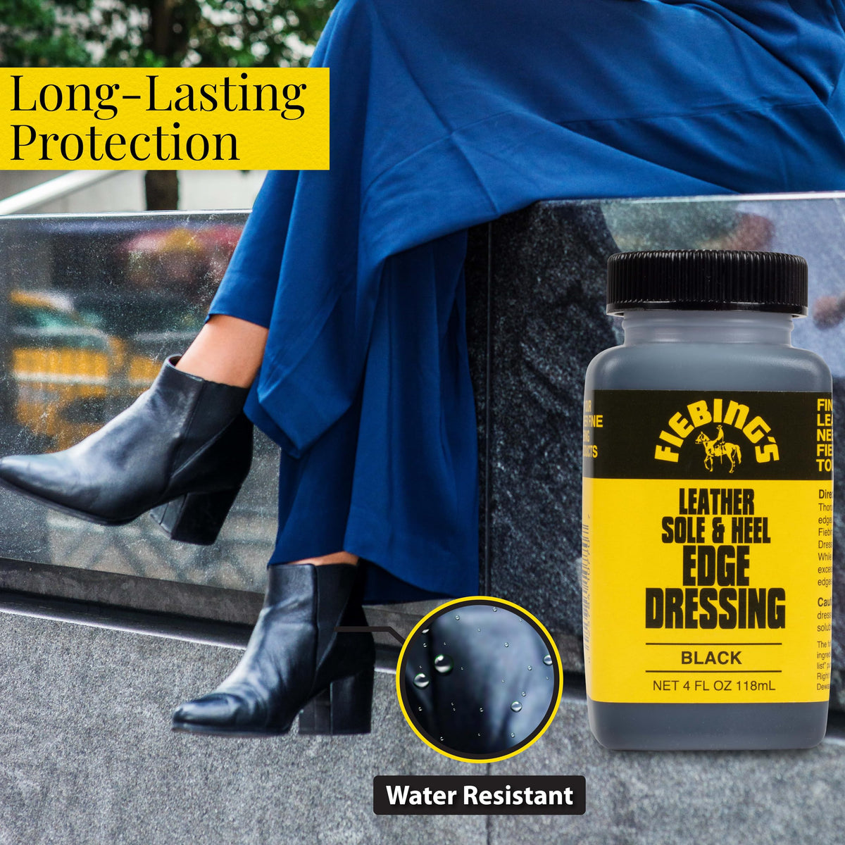 Fiebing's Leather Sole & Heel Edge Dressing (4 oz) - High Gloss, Protective Shoe Dressing Polish - Includes Brush Applicator