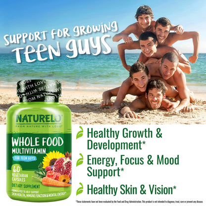 NATURELO Teen Multivitamin - Whole Food Multivitamin for Teenage Boys - Minerals Supplement for Active Kids - with Plant Extracts - Non-GMO - Vegan & Vegetarian - 60 Capsules