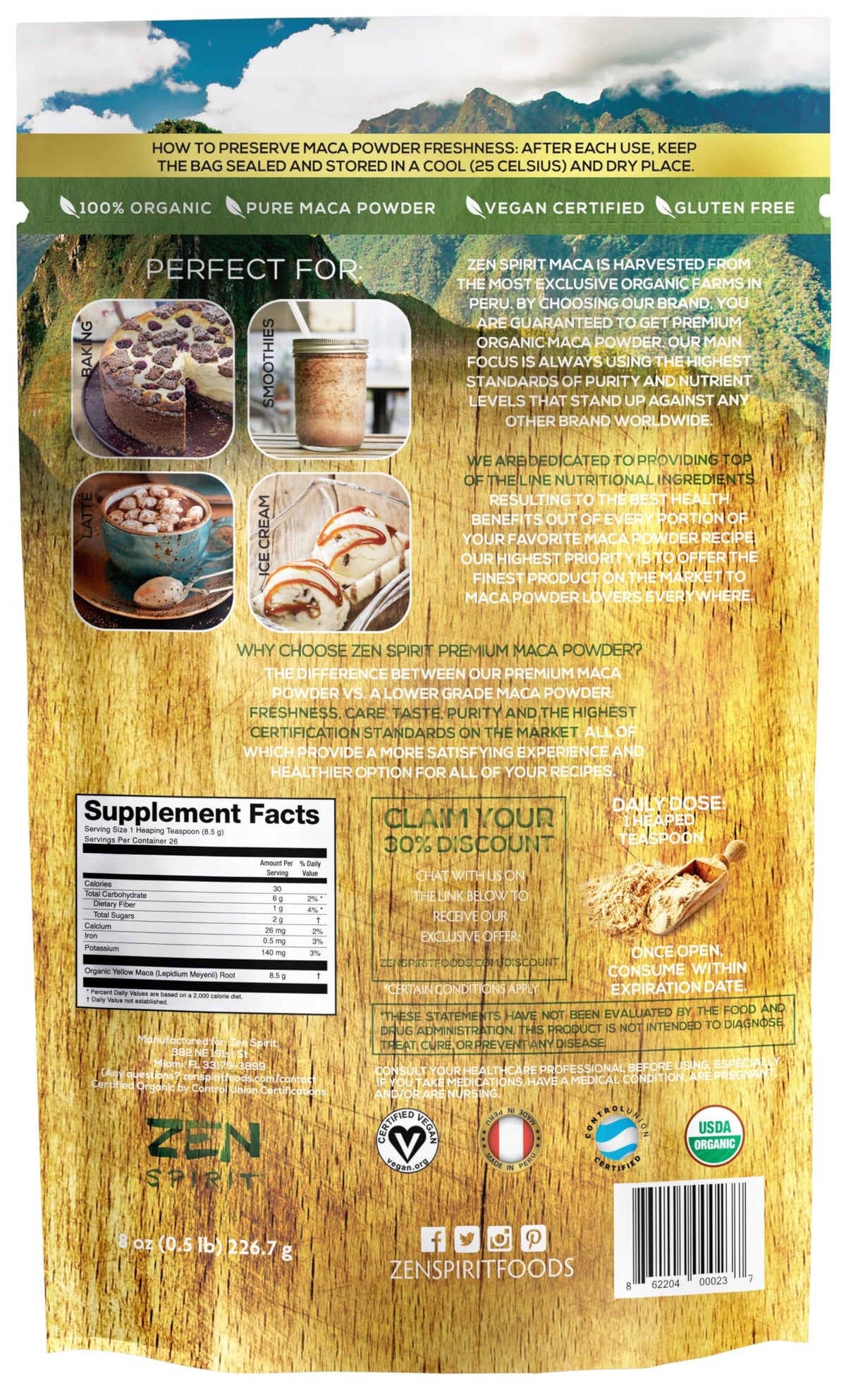 Zen Spirit Maca Root Powder Organic - Peruvian Root Premium Grade Superfood (Raw)