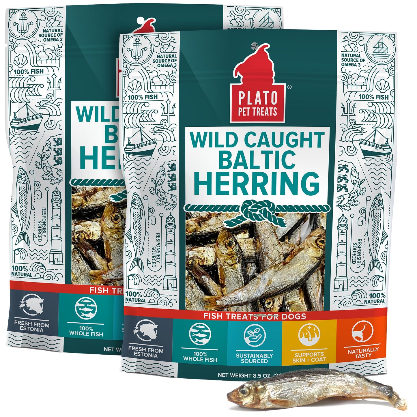 Plato Single Ingredient Wild-Caught Baltic Herring Dog Treats, Air-Dried Whole Fish, Omega-Rich Skin & Coat Support, 8.5 oz