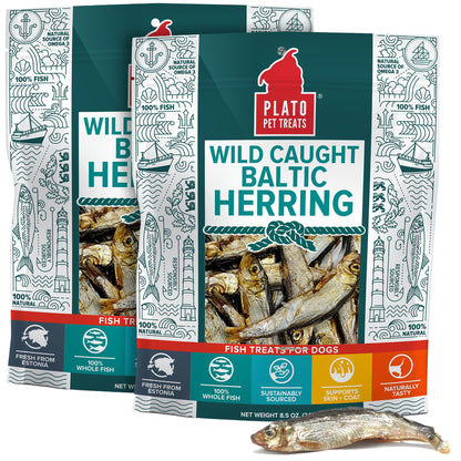 Plato Single Ingredient Wild-Caught Baltic Herring Dog Treats, Air-Dried Whole Fish, Omega-Rich Skin & Coat Support, 8.5 oz