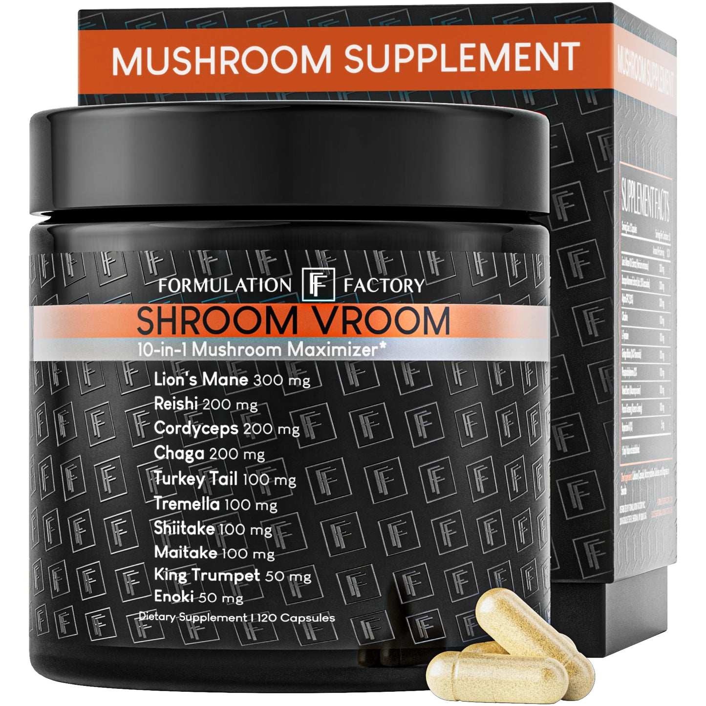 Formulation Factory Shroom Vroom 10-in-1 Mushroom Complex (2-Pack) with Lion's Mane, Reishi, Cordyceps, Chaga, Turkey Tail, Tremella, Maitake, Shiitake & More - 120 Capsules, 2 Month Supply