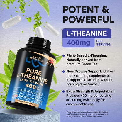 L Theanine 400 mg | L-Theanine Stress Relief | Extra Strength Supplement | Lab Tested | Relaxation, Sleep & Calm Support | For Men & Women | Plant Based, Non-GMO & Gluten-Free | 120 Vegan Capsules