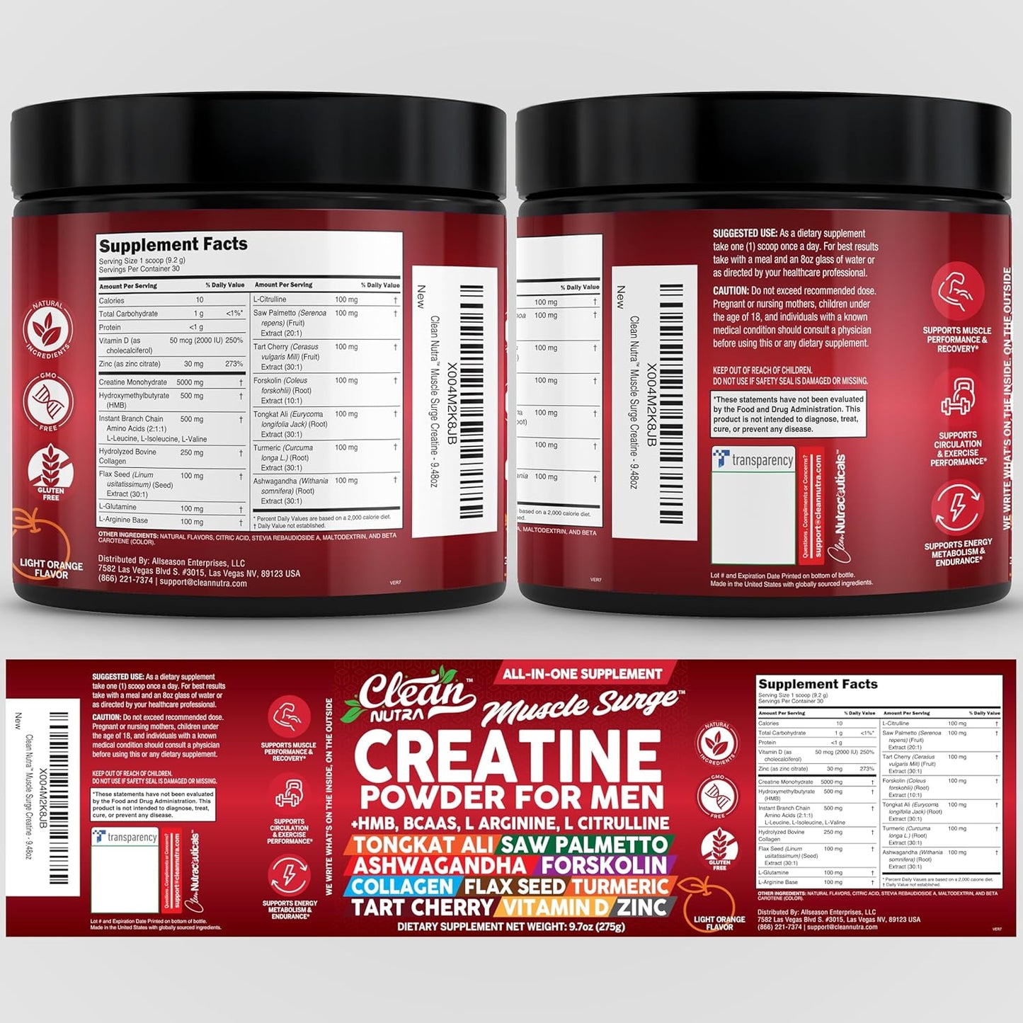 Clean Nutra Creatine Powder for Men + HMB BCAA L Arginine L Citrulline Tongkat Ali Saw Palmetto Ashwagandha Collagen Flax Seed Turmeric Preworkout Stevia Nitric Oxide L Glutamine Amino Acids
