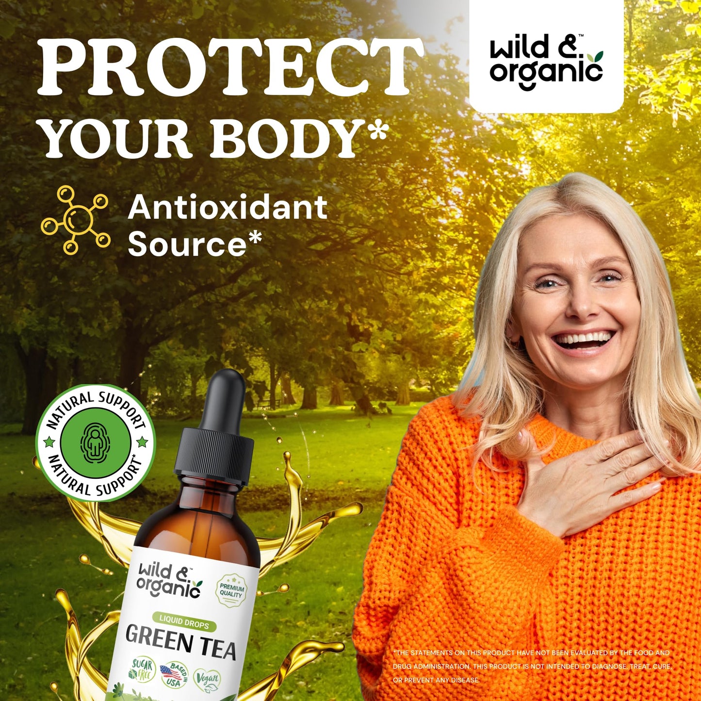 Wild & Organic Green Tea Extract Liquid Drops - Antioxidant Support - Pure Green Tea Supplement - 84-Day Supply - Vegan, Sugar & Alcohol-Free Camellia Sinensis Tincture - 4 fl oz
