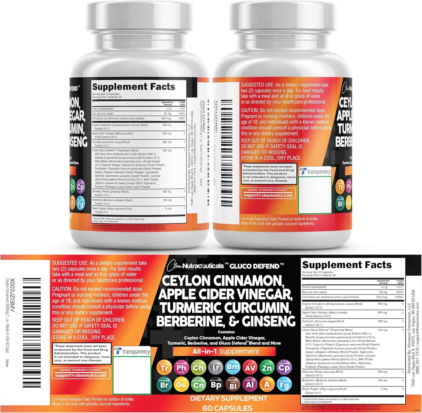 Clean Nutraceuticals Ceylon Cinnamon Capsules + Berberine Turmeric Apple Cider Vinegar Ginseng Bitter Melon (Karela) Gymnema Milk Thistle Fenugreek Supplement Pills Powder for Men & Women
