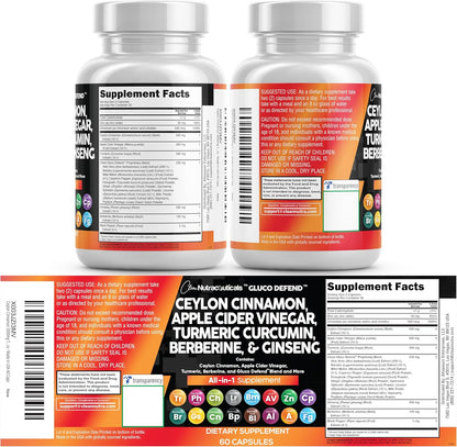 Clean Nutraceuticals Ceylon Cinnamon Capsules + Berberine Turmeric Apple Cider Vinegar Ginseng Bitter Melon (Karela) Gymnema Milk Thistle Fenugreek Supplement Pills Powder for Men & Women