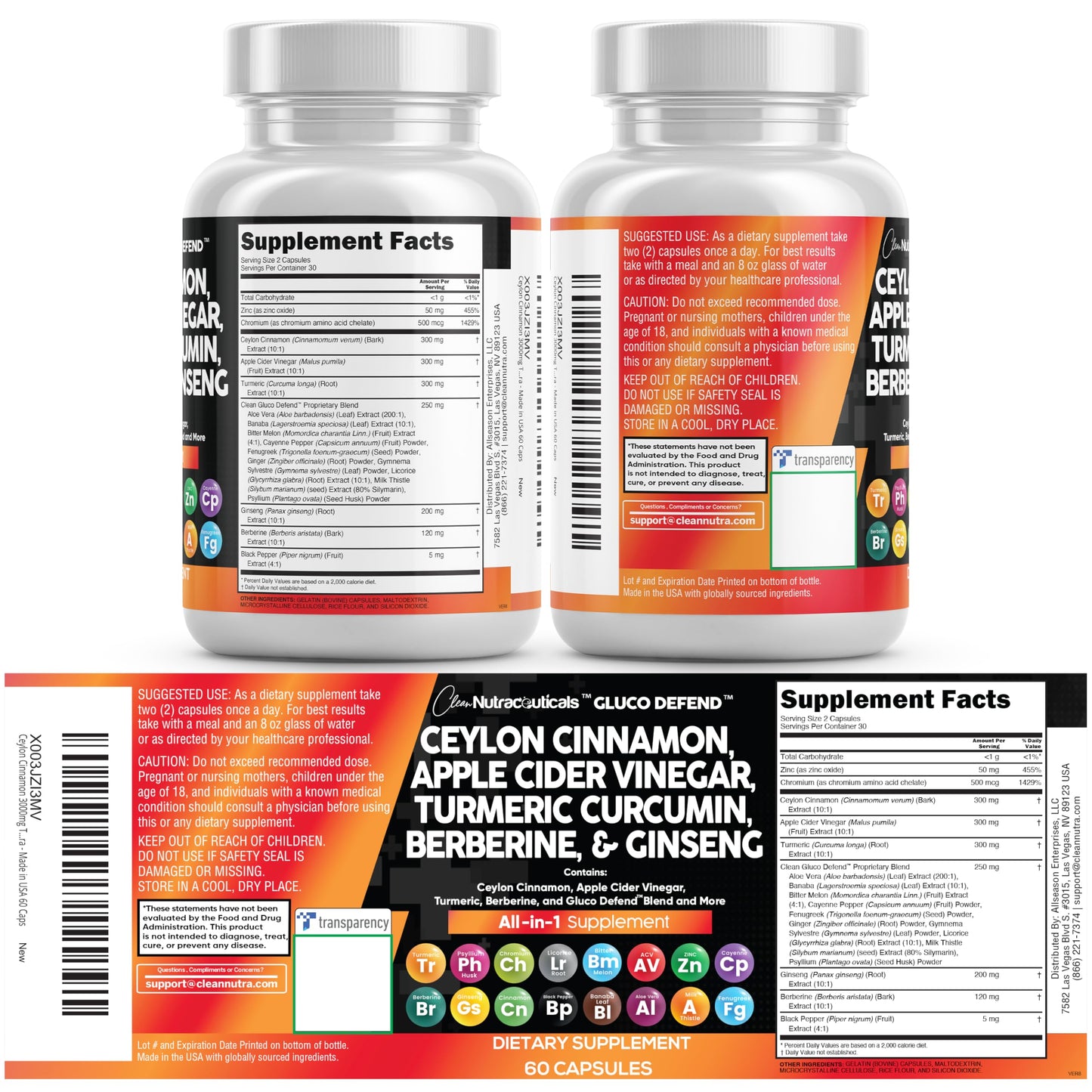 Clean Nutraceuticals Ceylon Cinnamon Capsules + Berberine Turmeric Apple Cider Vinegar Ginseng Bitter Melon (Karela) Gymnema Milk Thistle Fenugreek Supplement Pills Powder for Men & Women
