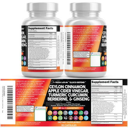 Clean Nutraceuticals Ceylon Cinnamon Capsules + Berberine Turmeric Apple Cider Vinegar Ginseng Bitter Melon (Karela) Gymnema Milk Thistle Fenugreek Supplement Pills Powder for Men & Women