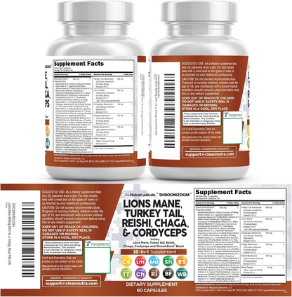 Clean Nutraceuticals Lions Mane 20in1 Mushroom Supplement with Turkey Tail Reishi Cordyceps Chaga Maitake Meshima Poria Cocos Shiitake Oyster Porcini Enoki - 1 Pack