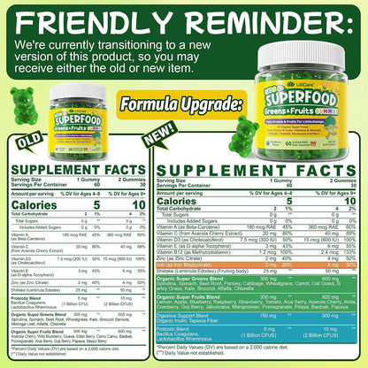 Kids Super Greens Gummies, Superfood Multivitamin for Kids, 30 Veggie, Fruit, Vitamin, Mineral, Probiotic, Kids Vitamin Gummies for Growth, Immunity, Digestion, Picky Eater Approved, Sugar Free 2Pack