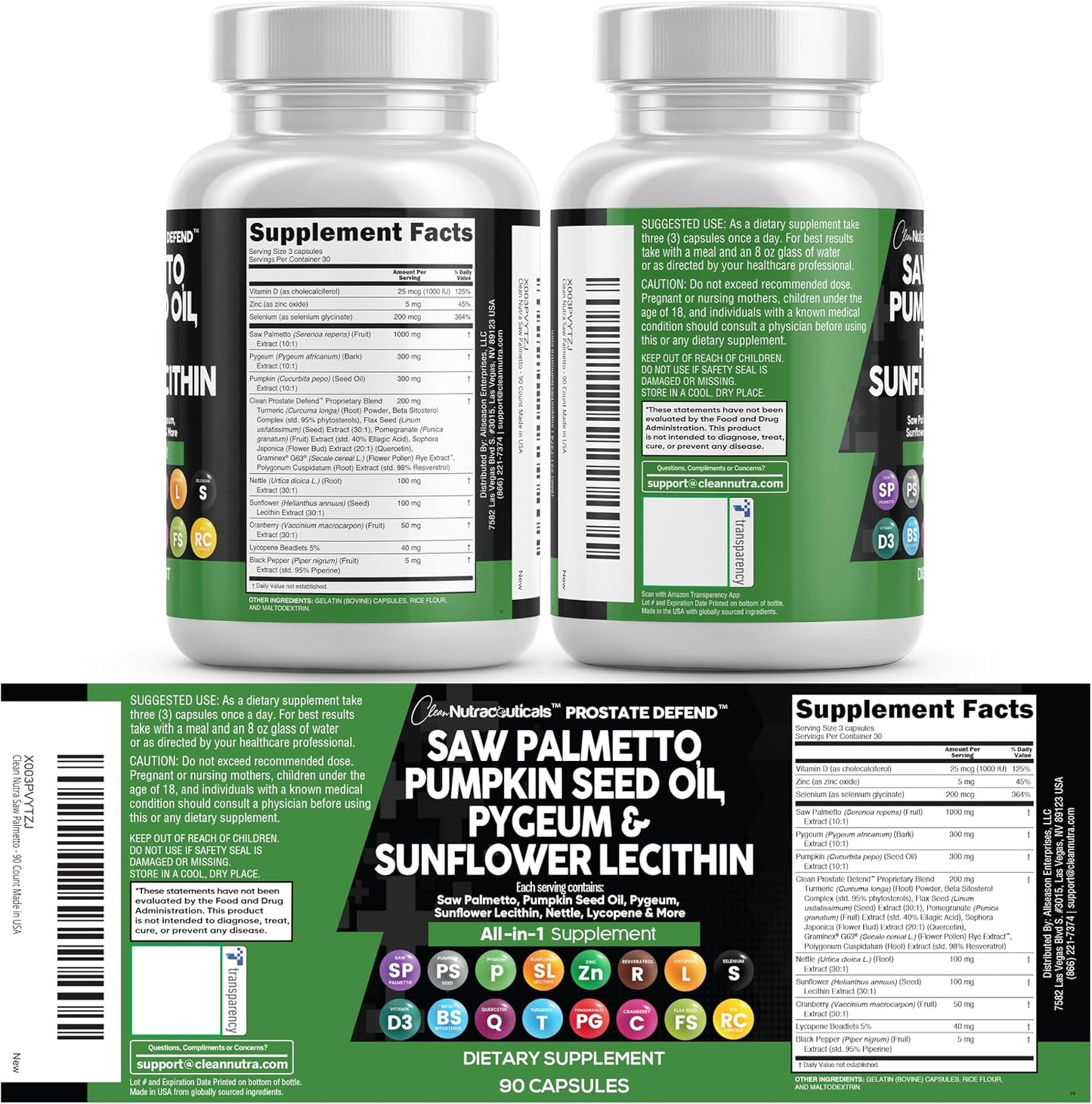 Clean Nutraceuticals Saw Palmetto Pumpkin Seed Oil Pygeum Sunflower Lecithin Stinging Nettle Cranberry - Prostate Supplements for Men with Lycopene - 90 Caps