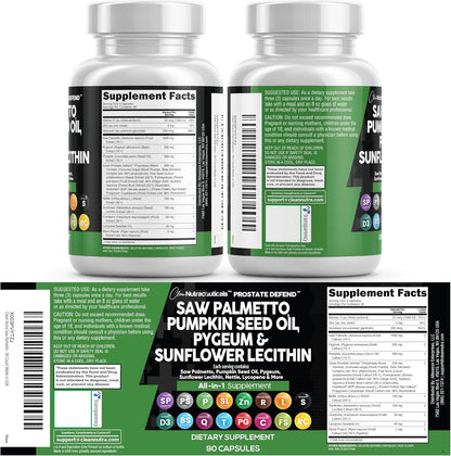 Clean Nutraceuticals Saw Palmetto Pumpkin Seed Oil Pygeum Sunflower Lecithin Stinging Nettle Cranberry - Prostate Supplements for Men with Lycopene - 90 Caps