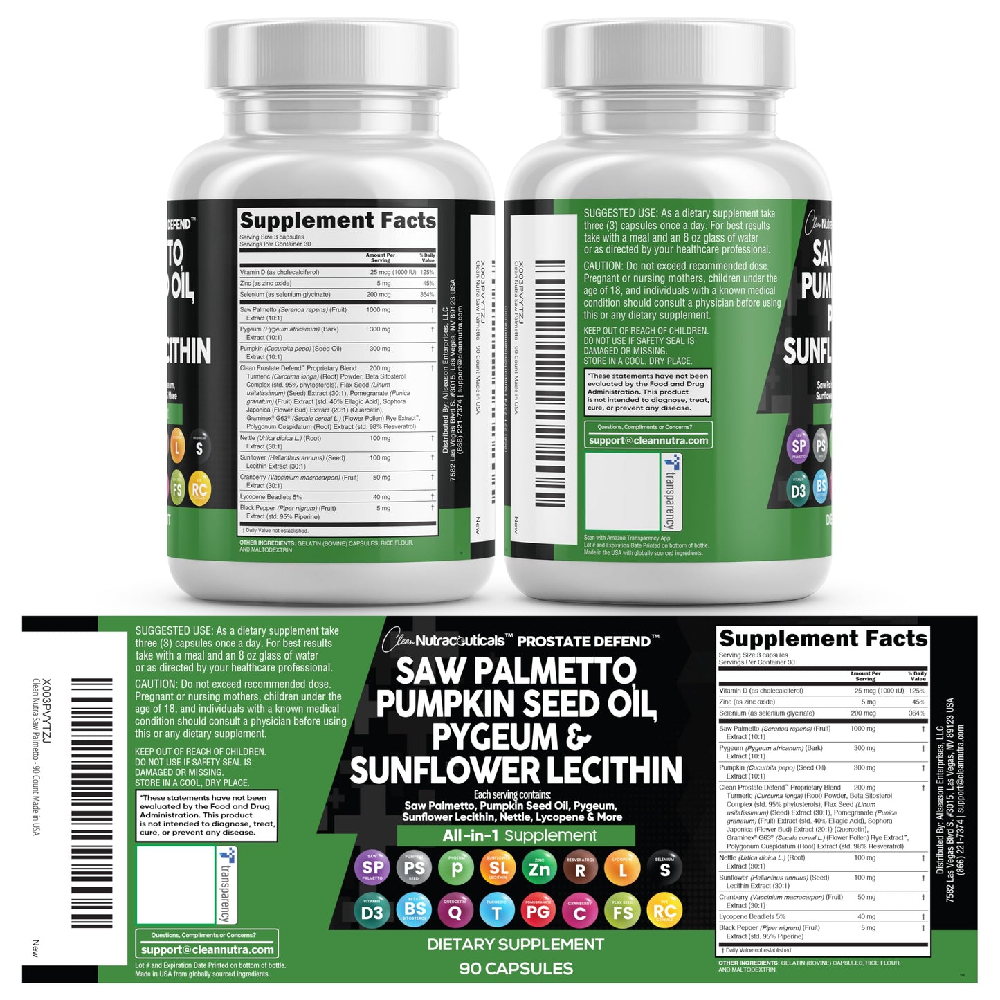 Clean Nutraceuticals Saw Palmetto Pumpkin Seed Oil Pygeum Sunflower Lecithin Stinging Nettle Cranberry - Prostate Supplements for Men with Lycopene - 90 Caps