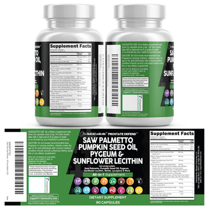 Clean Nutraceuticals Saw Palmetto Pumpkin Seed Oil Pygeum Sunflower Lecithin Stinging Nettle Cranberry - Prostate Supplements for Men with Lycopene - 90 Caps