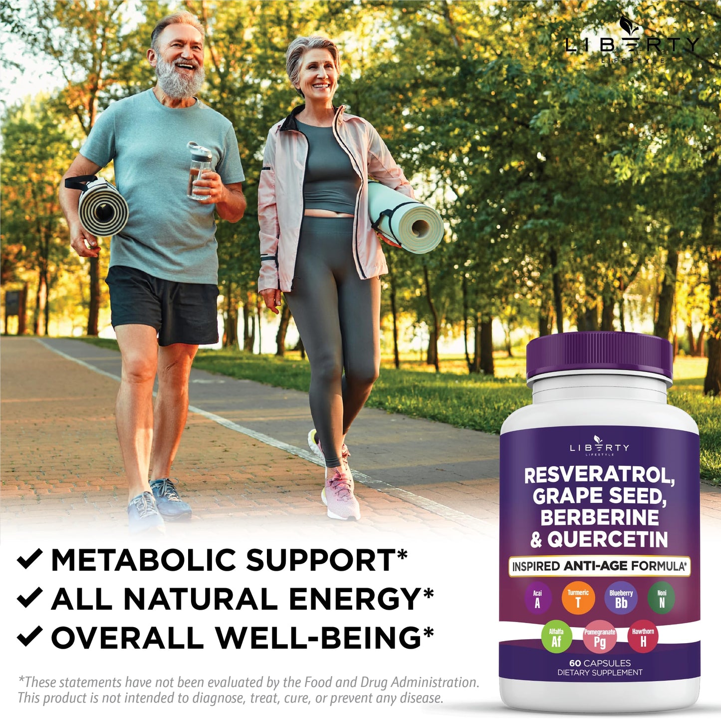 Liberty Lifestyle Resveratrol, Berberine, Grape Seed Extract, Quercetin, Polyphenol Supplement for Women and Men with Noni Extract, N-Acetyl Cysteine, Acai Extract - 2-Pack