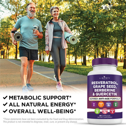 Liberty Lifestyle Resveratrol, Berberine, Grape Seed Extract, Quercetin, Polyphenol Supplement for Women and Men with Noni Extract, N-Acetyl Cysteine, Acai Extract - 2-Pack