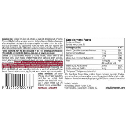 JSHealth Iron Supplement with Vitamin C. Ferrochel Iron Supports Energy Levels. Non-Constipating, with B Vitamins. By Nutritionist Jessica Sepel (30 Tablets) | Iron Deficiency Pills with Vitamin C and Vitamin B12, No Nausea or Constipation