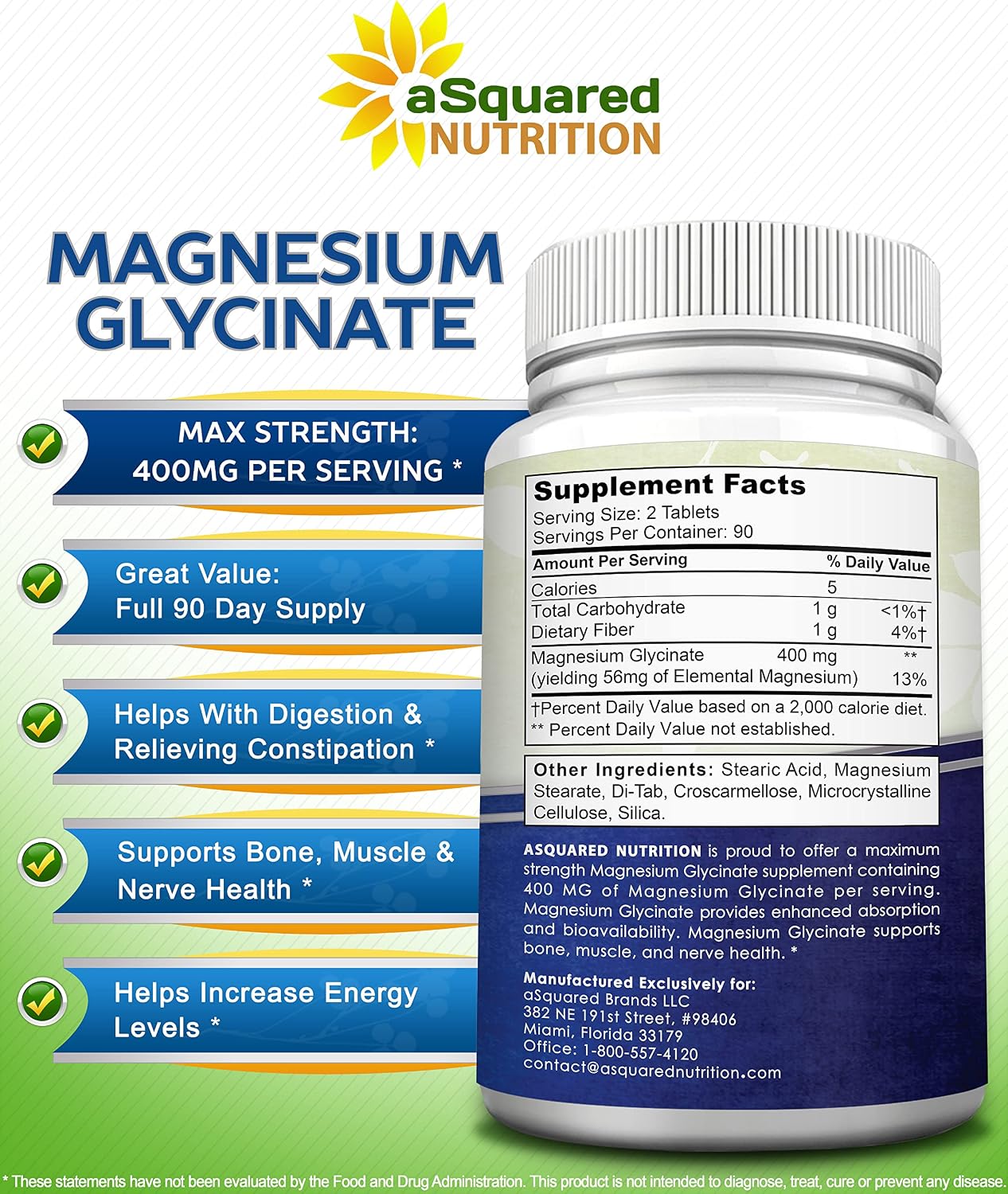 aSquared Nutrition Magnesium Glycinate 400mg - 180 Tablets - Max Strength Magnesium Bisglycinate Supplement -Maximum Bioavailability & Absorption-Non-GMO -Not Buffered-Supports Muscles, Bones & Heart