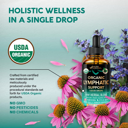 USDA Organic Lymphatic Drainage Supplement - Echinacea | Elderberry | Dandelion | Rosehip | Cleavers | Calendula | Burdock - Lab Tested - Lymph System Drops - Immune Support, Cleanse & Detox, 2 fl oz