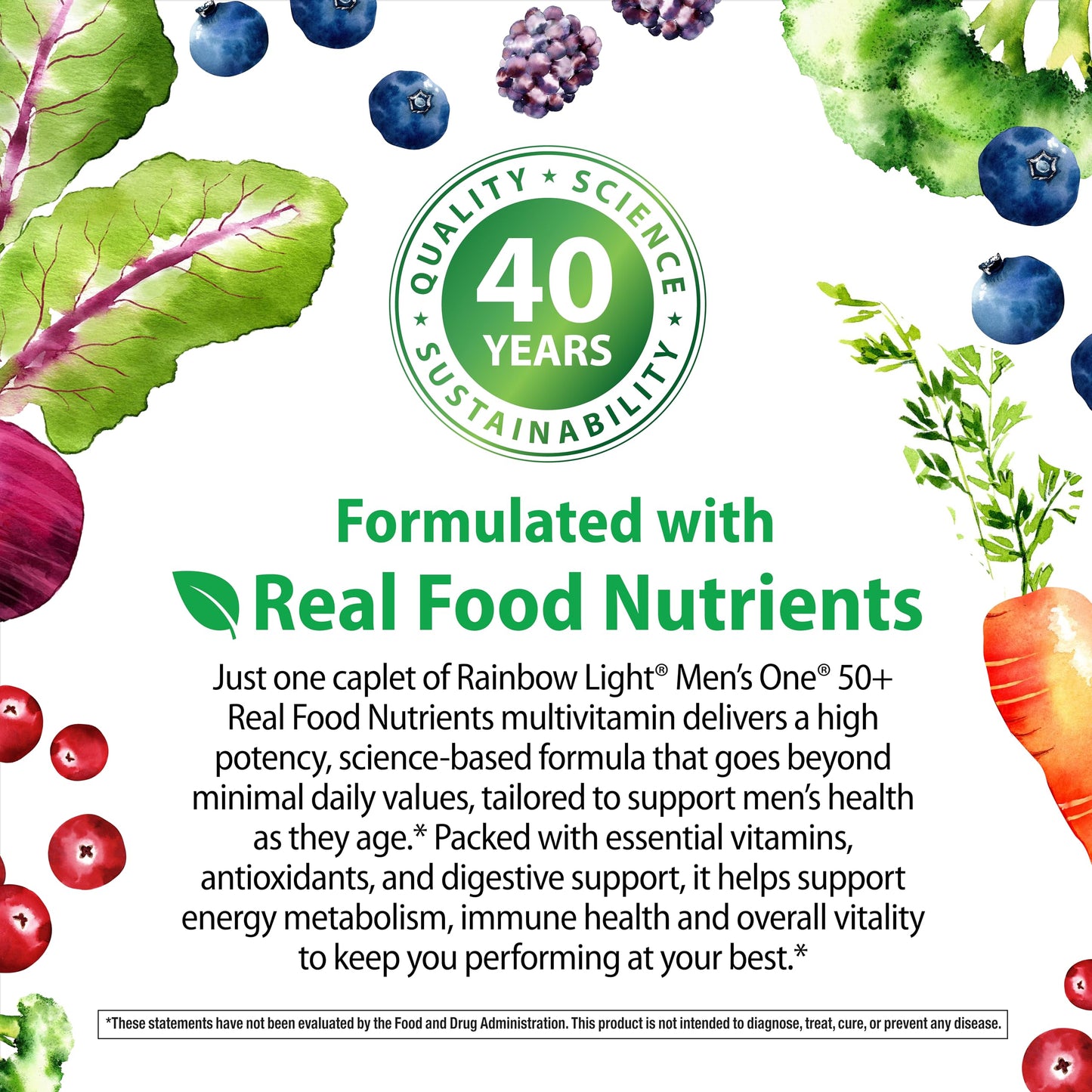 Rainbow Light Mens Multivitamin One + for 50 Plus | 150 Caplets | Supports Muscle Health | with Vitamins C, D, and Zinc | Real Food Nutrients, Digestive Enzymes & Probiotics