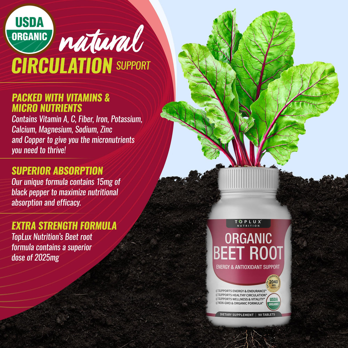 Organic Beet Root Powder Tablets - 2040mg Natural Nitric Oxide Beets to Support, Energy