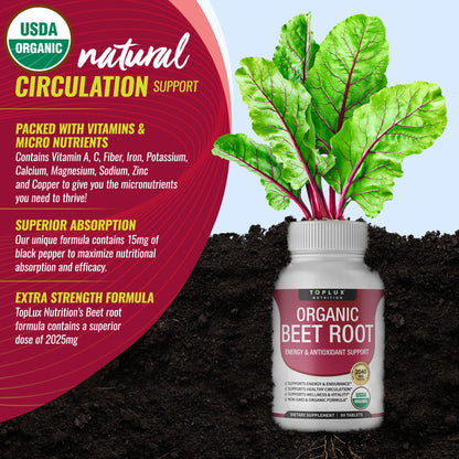Organic Beet Root Powder Tablets - 2040mg Natural Nitric Oxide Beets to Support, Energy
