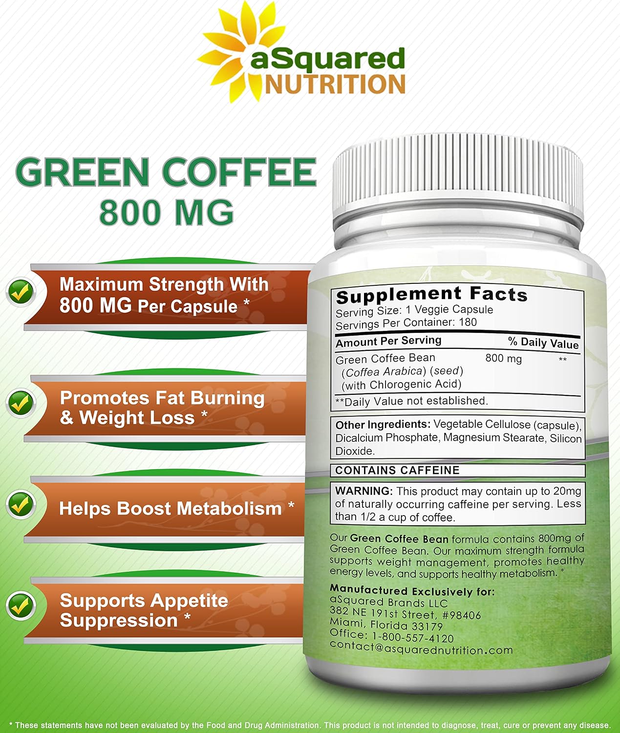aSquared Nutrition Natural Green Coffee Bean Formula-180 Capsules-Max Strength GCA Antioxidant Cleanse for Pure Weight Loss, 800mg per Pill-Chlorogenic Acid-1600mg Daily Supplement, Healthy Fat Burner