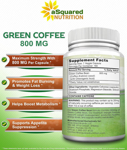 aSquared Nutrition Natural Green Coffee Bean Formula-180 Capsules-Max Strength GCA Antioxidant Cleanse for Pure Weight Loss, 800mg per Pill-Chlorogenic Acid-1600mg Daily Supplement, Healthy Fat Burner