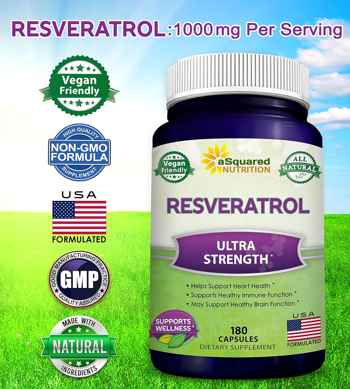 100% Natural Resveratrol Supplement - 1000mg Per Serving - 180 Capsules | Max Strength Antioxidant Polyphenols Complex - Trans-Resveratrol Pills for Heart Health - Pure Formula - 500mg Per Capsule