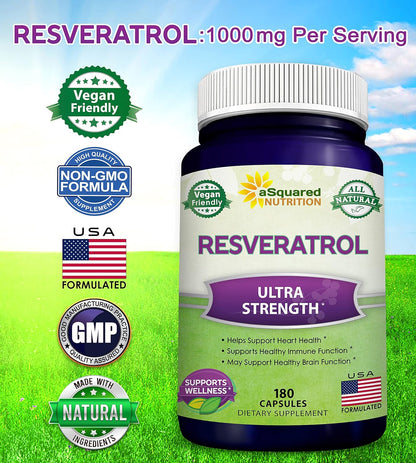 100% Natural Resveratrol Supplement - 1000mg Per Serving - 180 Capsules | Max Strength Antioxidant Polyphenols Complex - Trans-Resveratrol Pills for Heart Health - Pure Formula - 500mg Per Capsule