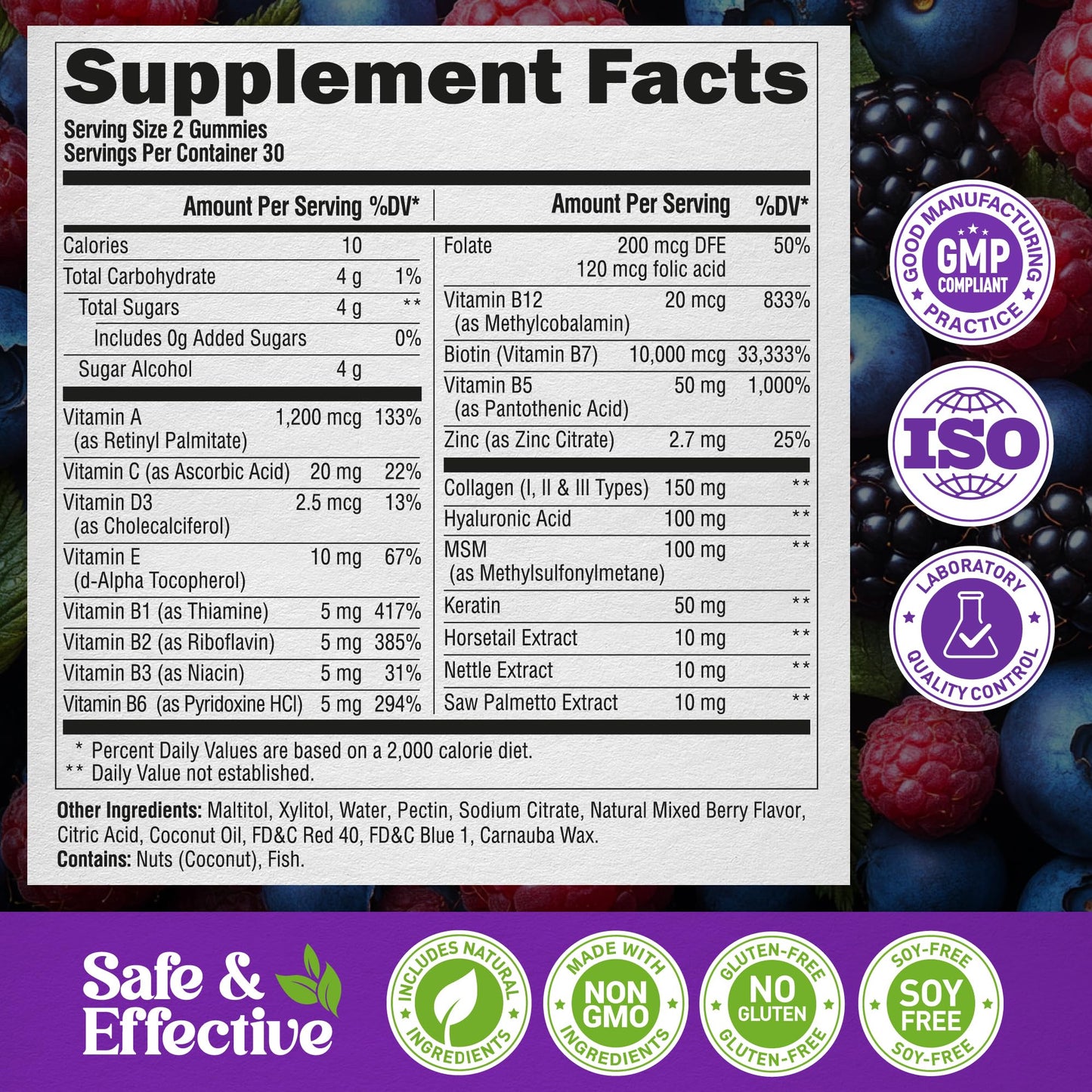 Biotin Gummies with Collagen - Hair Growth Support, Skin, & Nail Strength - for Women & Men - Biotin 10000mcg | Keratin | Hyaluronic Acid | B-Complex | Nettle - Sugar-Free, Mixed Berry, 60 Gummies