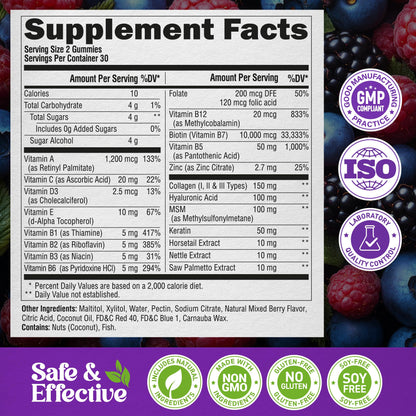 Biotin Gummies with Collagen - Hair Growth Support, Skin, & Nail Strength - for Women & Men - Biotin 10000mcg | Keratin | Hyaluronic Acid | B-Complex | Nettle - Sugar-Free, Mixed Berry, 60 Gummies