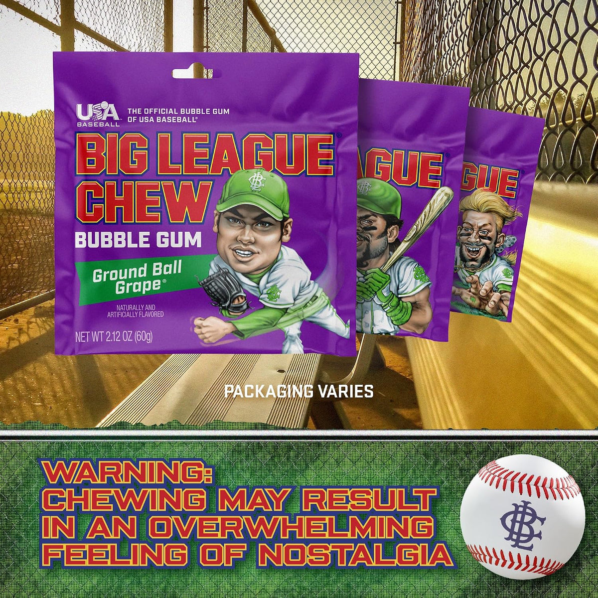 Big League Chew Grape - Chewing Bubble Gum Pack of 3, 2.12 oz