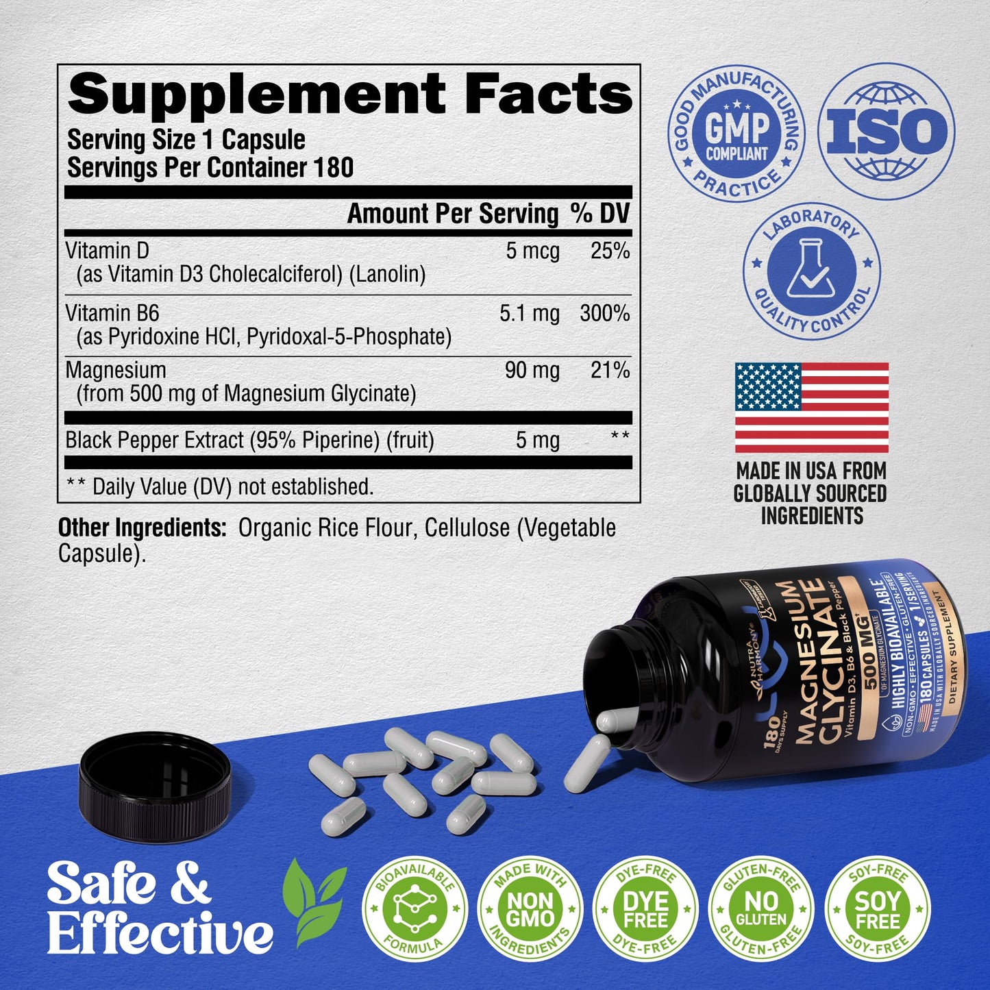 Magnesium Glycinate 500 mg - Chelated Supplement - High Absorption Form of Magnesium - Support for Sleep, Muscle & Heart Health - for Women & Men - Lab Tested & Non-GMO - 240 Capsules