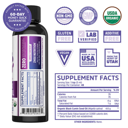 Zhou Organic Black Seed Oil | 100% Virgin Cold Pressed Omega 3 6 9 | Super Antioxidant