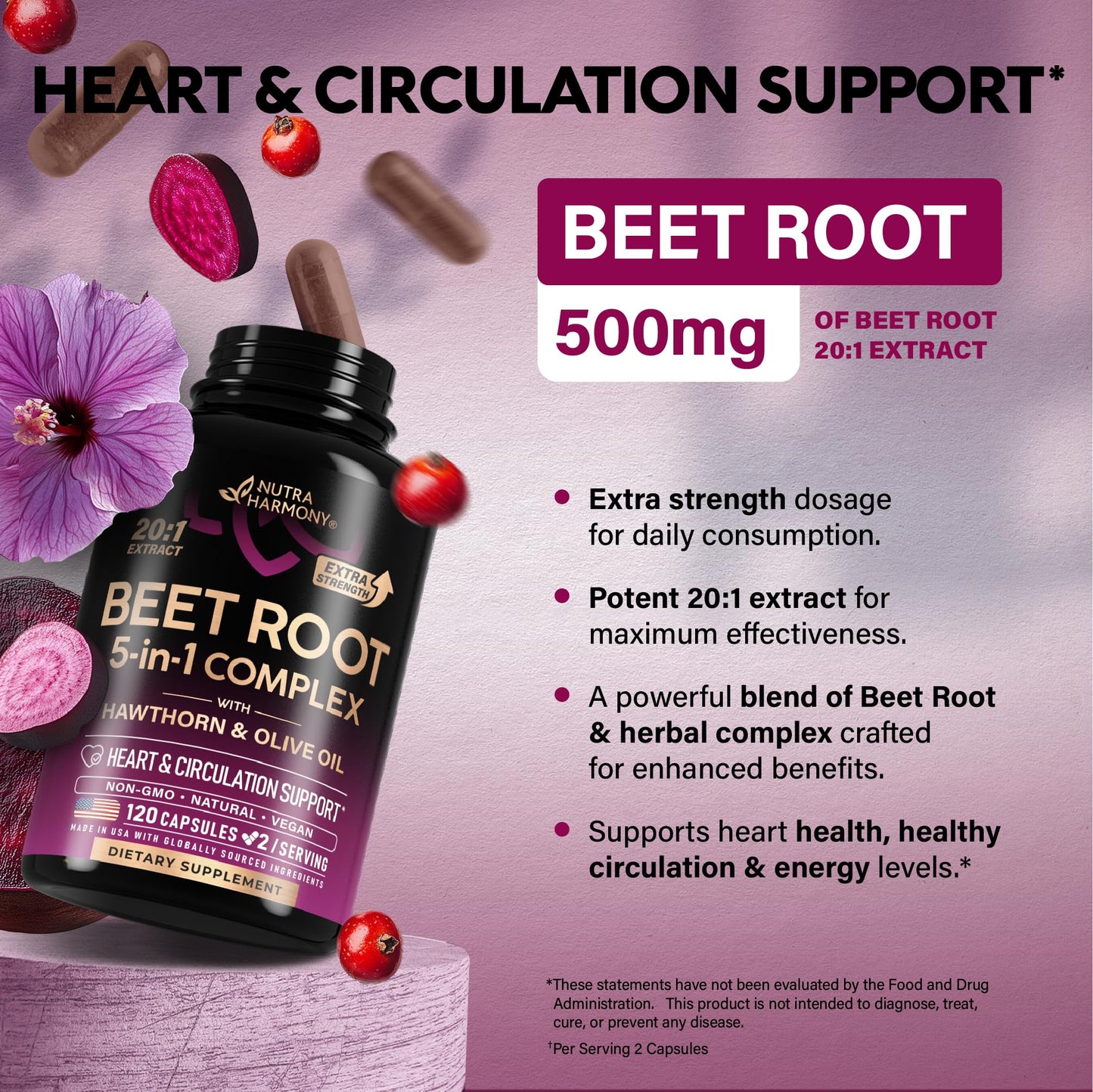 Beet Root Capsules - Healthy Blood Pressure Support Supplement** for Heart & Circulation Support - with Hawthorn Berry, Hibiscus & Garlic - Nitric Oxide for Energy - Made in USA, 120 Capsules