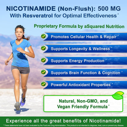 Nicotinamide with Resveratrol - 120 Capsules - Vitamin B3 500mg Supplement | Nicotinamide 500mg (Niacinamide Flush Free) - Vit B3 Pills to Support NAD, Skin Cell Health & Energy