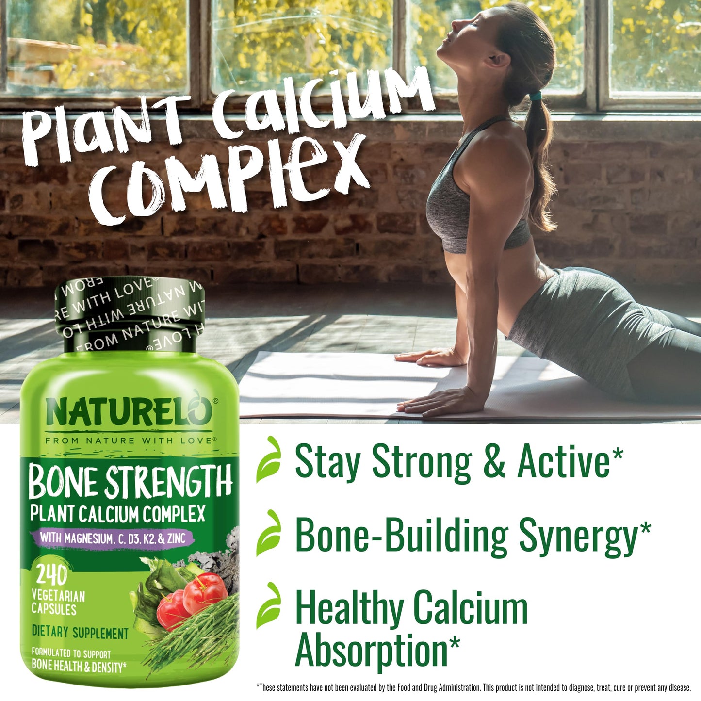 NATURELO Calcium Supplement - with Vitamin C, Vitamin D3, K2, and Calcium Magnesium Zinc for Bone Strength with Calcium 600mg - Plant-Based, 120 Vegetarian Capsules, Non-GMO, Soy & Gluten-Free