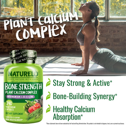 NATURELO Calcium Supplement - with Vitamin C, Vitamin D3, K2, and Calcium Magnesium Zinc for Bone Strength with Calcium 600mg - Plant-Based, 120 Vegetarian Capsules, Non-GMO, Soy & Gluten-Free