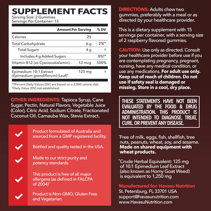 Horny Goat Weed Gummies with Vitamin B12, Raspberry Flavor, 30 Servings | Vegan, Non-GMO Horny Goat Weed Gummies to Support Drive, Vitality and Performance for Men, 60 Count, 1-Month Supply