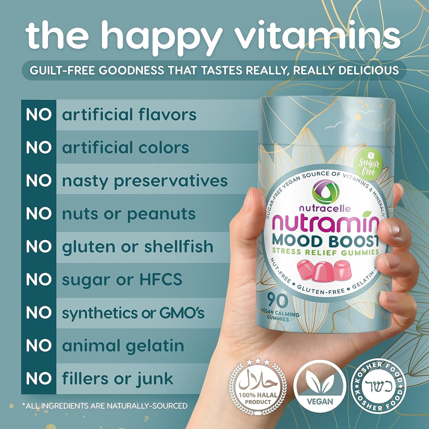 NUTRAMIN Mood Boost Multivitamin Gummy - Delicious & Yummy Anti-Stress Magnesium Ashwagandha Gummies + B Complex Vitamins for Focus and Calm - Sugar-Free, Vegan, Gluten-Free, Allergy-Safe (90 Count)