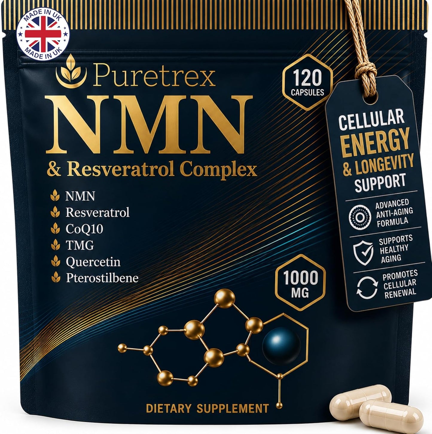 NMN 1000mg with Resveratrol, TMG, Pterostilbene, Quercetin, CoQ10, BioPerine - NMN Supplement, NAD Booster, Longevity Formula, Vegan, 120 Capsules