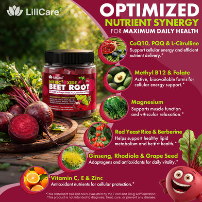 Beet Root Gummies, 17-IN-1 Liposomal Beetroot Superfood with CoQ10, Grape Seed, L-Citrulline, PQQ, Methyl B12, B6, Magnesium, Ginseng, Nitric Oxide Supplements for Circulation, Energy & Immune, 2Pack