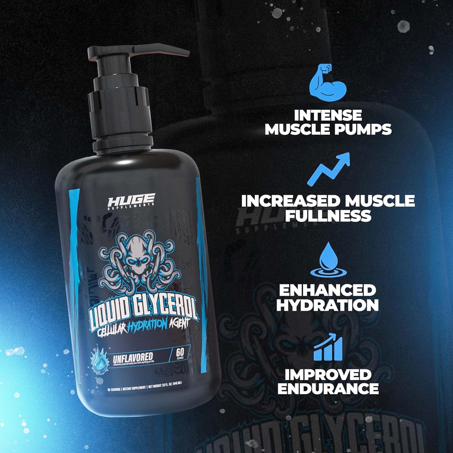Huge Supplements Liquid Glycerol Supplement, Enhances Muscle Pumps, Increases Muscle Fullness, Boosts Endurance, Cellular Hydration Agent, Clean & Convenient Pump Top, Unflavored (60 Servings)